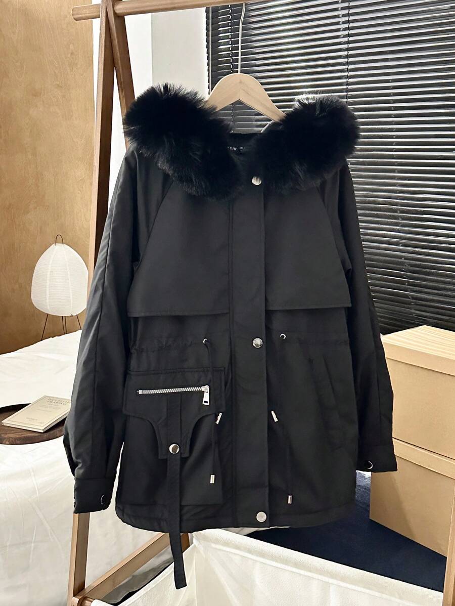 SHEIN Unity Casual Fluffy Collar Drawstring Waist Hooded Padded Padded Coat, Winter Clothes Fall Cloth For Women