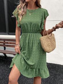 Chiquease Green Embroidered Waist Ruffle Hem Round Neck Midi Casual Dress For Women, Spring/Summer