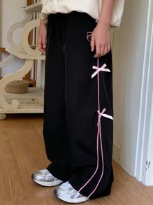 Dazy Kids Tween Girls' Contrast Trim Bow Decorated Pants - Black - View 7