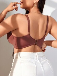 大码女士纯色舒适胸罩和无钢圈胸罩 - 棕色 - 查看 2