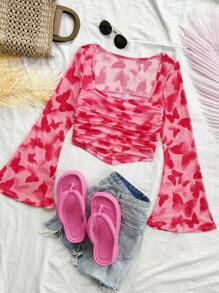 Soleia SHEIN WYWH Plus Size Women's Square Neck Pleated Back To School Clothes Fall Clothes Holiday Wear Babydoll Top Christmas Glitter Homecoming, Wedding, Concert, Game Day Angela Red Long-Sleeved Top