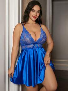 SHEIN Plus Size Royal Blue Satin Lace Babydoll Lingerie With Bow Detail Classic Sexy Nightdress For Women - Royal Blue - View 1