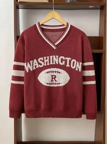 SHEIN 1 pieza Suéter cálido con estilo colegial y casual diario para adolescentes, con cuello en forma de corazón de pollo, a rayas rojas y blancas, sin patrón de tejido americano de fútbol americano. Ropa de regreso a la escuela; Atuendos de otoño; Ropa de adolescente; Chaquetas de adolescente otoño/invierno