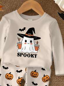 SHEIN 男婴万圣节元素图案修身长袖圆领睡衣套装，休闲简约，适合秋冬季穿着 - 彩色 - 查看 3