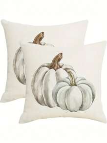 2/1 pieza Fundas de almohada de mezcla de lino lavables a máquina, funda de almohada con patrón simple de calabaza de acuarela de Acción de Gracias para decoración de otoño en porche, terraza, sofá, cojín, sala de estar y exterior (sin núcleo de almohada)