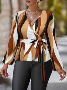 Chiquease Women's Elegant Commuter Shirt With Full Print V-Neck And Lantern Sleeves (Random Print), Spring And Summer Peplum Top