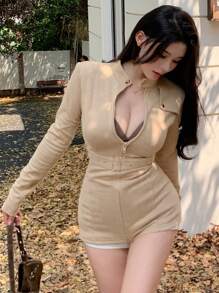 DAZY 女士麂皮收腰长款外套，性感收腰设计，常规版型，适合秋冬季节穿着。 - 卡其色 - 查看 8