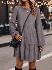 EMERY ROSE 春秋休闲纯色灯笼袖连衣裙 - 灰色 - 查看 3