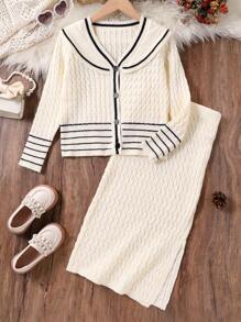 SHEIN Conjunto de 2 peças/roupas de outono para meninas, cardigan de malha grossa e saia curta para meninas pré-adolescentes