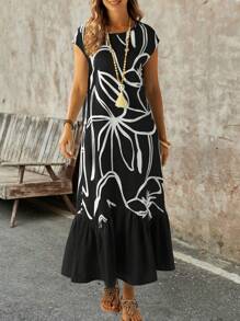 EMERY ROSE Váy dài tay ngắn họa tiết sọc in hoa văn mùa hè cho nữ, viền màu trơn - Đen và trắng - Xem 4