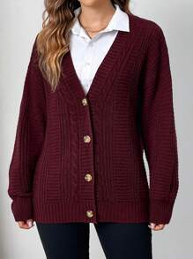 EMERY ROSE Women's Textured Long Sleeve V-Neck Cardigan Sweater - Burgundy - View 5
