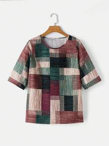 SHEIN LUNE 2 件几何印花宽松圆领短袖上衣和哈伦裤睡衣套装，夏季 - 彩色 - 查看 10