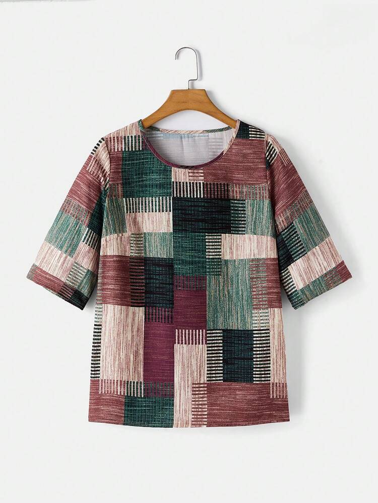 2pcs Geometric Print Loose Crew Neck Short Sleeve Top And Harem Pants Pajama Set, Summer