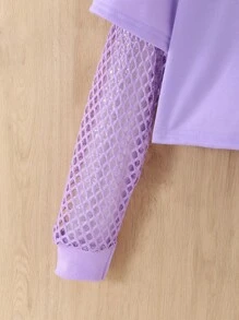 Tween Girl  Casual Butterfly Print Patchwork Sleeve Hooded Sweatshirt, Spring Autumn - Purple - View 6