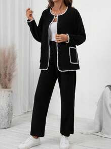 SHEIN LUNE 2pcs Warm Fleece Jacket & Pants Set, Casual Color-Block With Trim Closure - Black - View 5