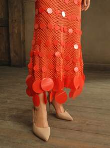 Anewsta Vestido de manga larga con crochet y lentejuelas rojas para mujer