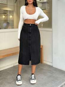 SHEIN Cottnline 100% Cotton LENGHT DENIM SKIRT SLIT DETAIL - Black - View 1