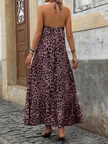 Calvaya Leopard Print Halter Backless Ruffled Maxi Vacation Dress
