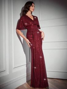 SHEIN Belle Vestido formal de noche con cuello en V y plisados para mujeres, vestido de otoño, vestido de Navidad, vestido de graduación, para invitados de boda, cena