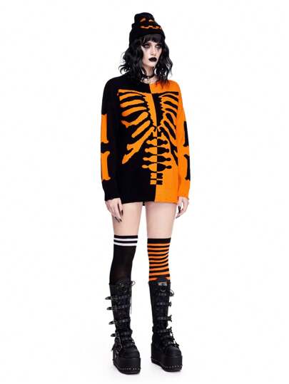 Grunge Punk Halloween Skeleton Color-Block Sweater For Women