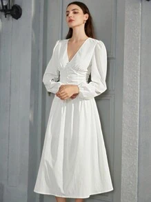 GENKIRA French Style Solid Color V-Neck Pleated Patchwork Ruched Puff Long Sleeve Fitted Dress, Casual Dress For Women, Teacher Dress Fall Cloth For Women - White - View 6