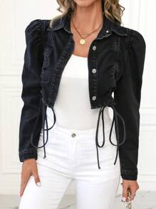 SHEIN LUNE Women's Casual Puff Sleeve Drawstring Cropped Denim Jacket, Autumn - Black - View 4