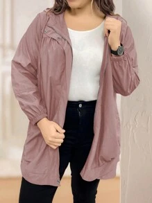 Calvaya Áo khoác gió trùm đầu màu trơn thường ngày cỡ lớn - Bụi hồng - Xem 3