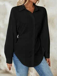 Calvaya 女式纯色长袖高腰优雅度假衬衫 - 黑色 - 查看 4