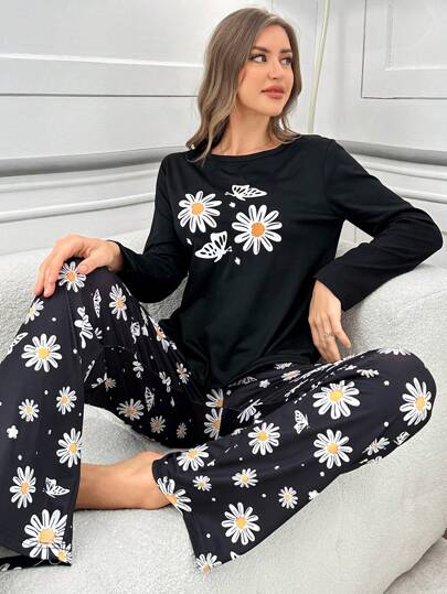 Conjunto de pijama casual de manga larga con estampado de margaritas y mariposas para mujer, ropa de otoño e invierno