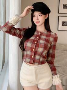 DAZY Chaqueta corta de manga larga con parches de encaje a cuadros para mujer, con volantes, ropa de otoño, ropa de vuelta al colegio