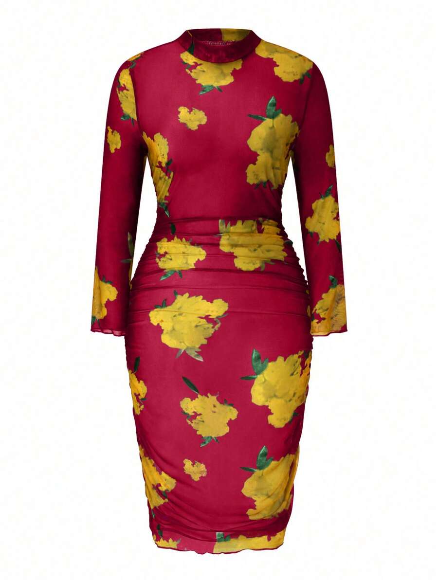 SHEIN Clasi Đầm bodycon thường ngày cổ đứng in họa tiết hoa cỡ lớn tay dài - Đỏ - Xem 1