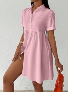 SHEIN Unity Women Fashion Solid Color Short Sleeve Shirt Peplum Top - Dusty Pink - View 7