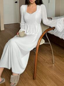 DAZY Lace Patchwork Ruffle Trim Knit Nightgown Pajama, Fall - Beige - View 4