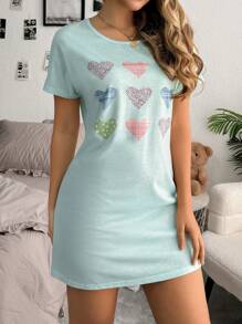 Áo ngủ cổ tròn tay ngắn in hình trái tim giản dị cho nữ - Nhiều màu - Xem 3