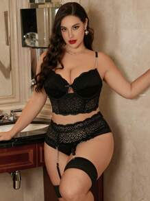 Plus 4pack Floral Lace Chain Detail Bow Garter Underwire Lingerie Set - Black - View 4