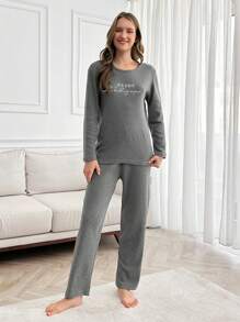 RueChic 100% Cotton 2Pcs  Injection Slogan Printed Homewear Set - Grey - View 6