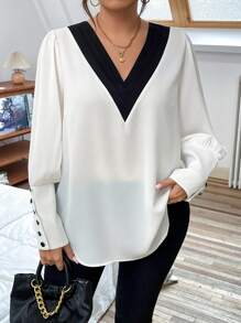 EMERY ROSE 加大码 V 领多层褶皱不对称交叉长袖衬衫，优雅通勤和户外穿着，树脂纽扣装饰