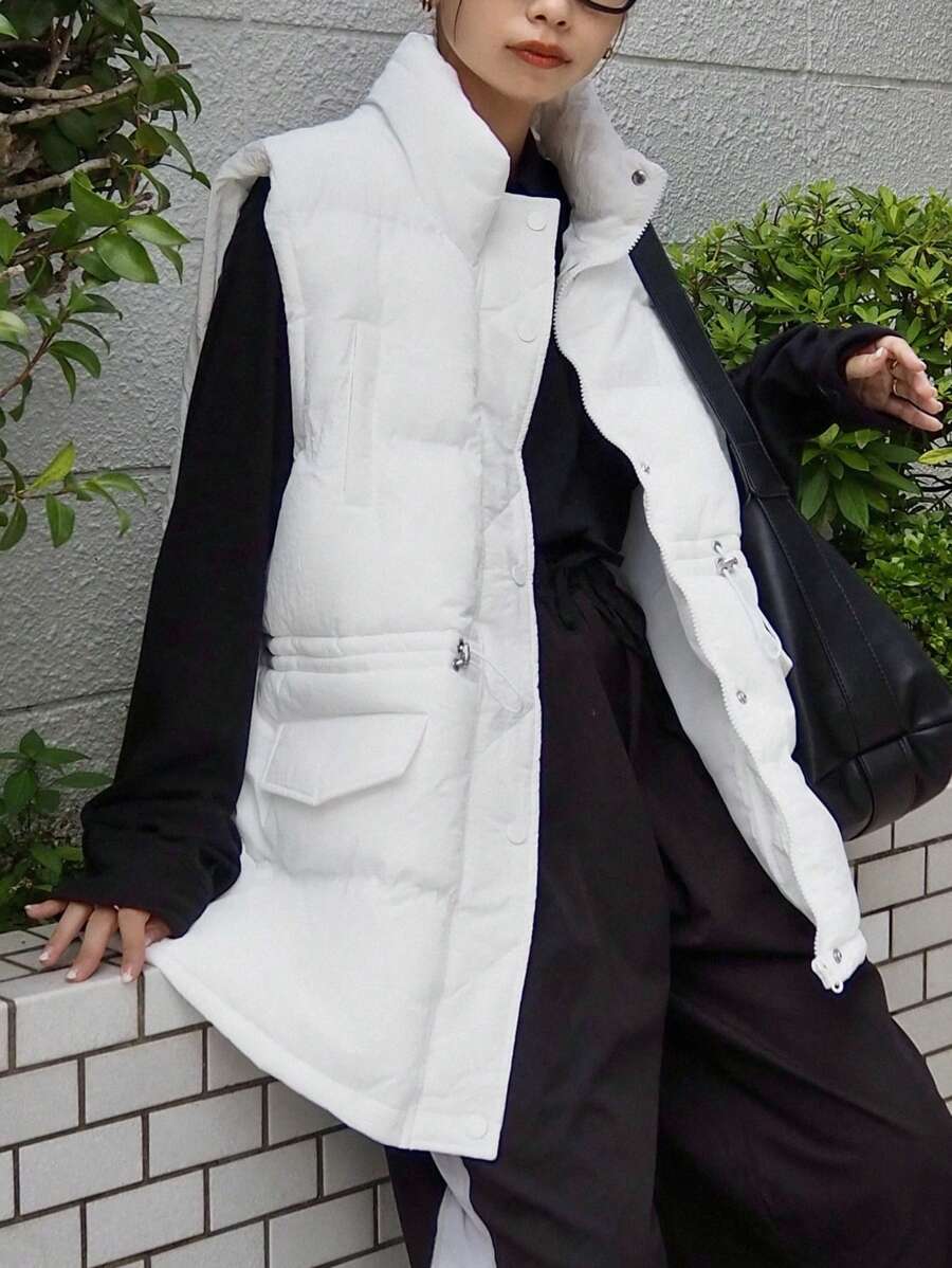 FRIFUL 立领抽绳腰无袖纯色加厚棉服女士夹克冬季背心 - 白色 - 查看 1