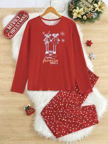 少女女孩 2 件套圣诞简约星星和烟花老鼠印花阻燃家居服睡衣套装 - 红色 - 彩色 - 查看 9