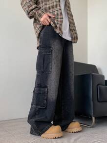 Claim Dot 男士宽松多口袋休闲工装裤，纯色长款宽松深灰色水洗牛仔裤，适合送给丈夫、男朋友的礼物，emo 风格