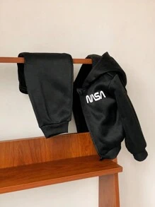 SHEIN 2 件套男婴纯色保暖内衬休闲连帽上衣和松紧腰裤套装，适合秋冬季 - 黑色 - 查看 4