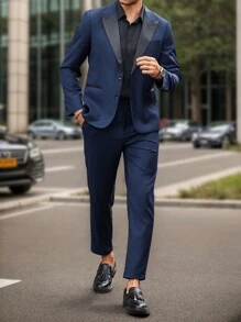Manfinity Mode 2pcs Men's Contrast Color Lapel Collar Long Sleeve Jacket And Pants, Daily Business Suit Set, Spring Autumn