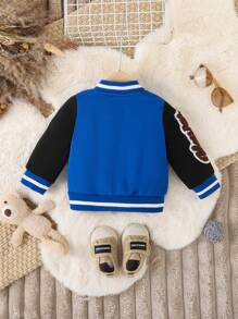 男婴字母与泰迪熊印花长袖休闲棒球夹克，春秋 - 藍色 - 查看 2