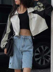 DAZY 女式撞色块正面拉链字母印花休闲夹克 - 彩色 - 查看 2