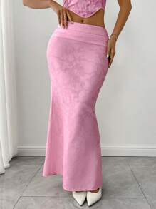 Zolique 女士花卉提花褶皱腰鱼尾下摆长裙 - 粉色 - 查看 6