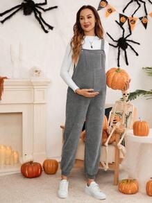 SHEIN 孕妇女士羊毛连体裤，带口袋和纽扣，纯色万圣节连体裤，适合冬季 - 灰色 - 查看 5