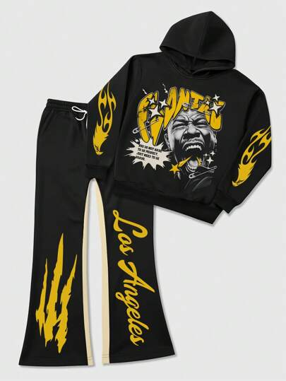 Street Life Men Graphic Letter & Figure Printing Hoodie Sweatshirt And Front Tie Drawstring Pants Casual 2-Piece Tracksuit Set, Fall Clothes