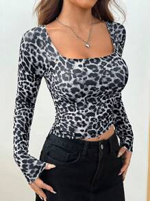 SHEIN EZwear 透明豹纹网眼修身长袖方领上衣，春夏 - 灰色 - 查看 6