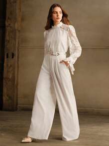 Anewsta 女士优雅白色蕾丝长袖褶皱立领系带袖口衬衫 - 白色 - 查看 5