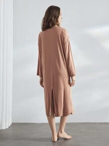 Ocili 女士纯色长袖宽松家居服连衣裙 - 棕色 - 查看 2